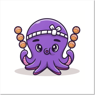 Cute Octopus With Takoyaki Cartoon Vector Icon Illustration Posters and Art